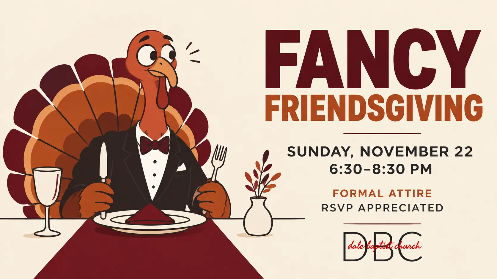 A turkey dressed for a formal Friendsgiving dinner